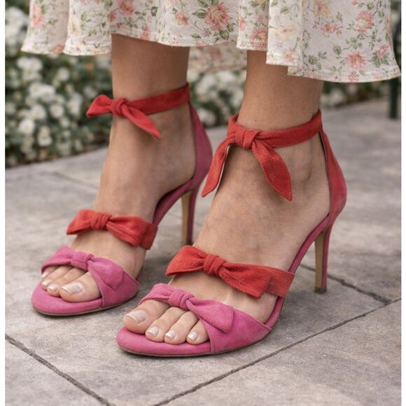 Alexandre Birman Shoes - Alexandre Birman Clarita Suede Bow Ankle Tie Heels Coquette Pink Red 37.5 EU